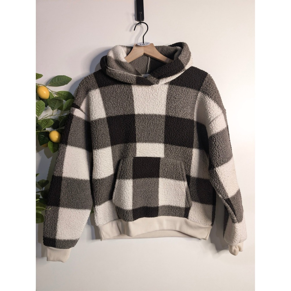American Eagle Black and Grey Plaid Fleece Hoodie Sz XS